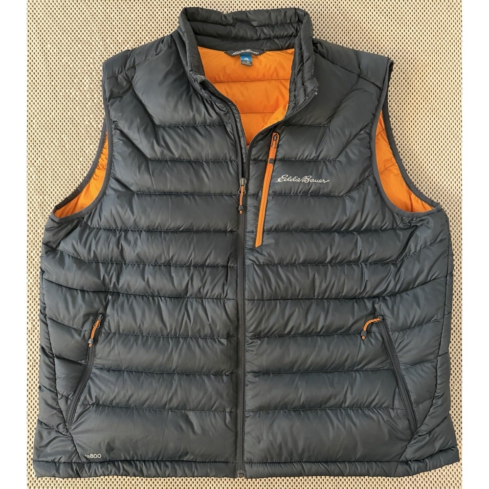 Eddie Bauer Mens First Ascend EB800 Goose Down Puffer Vest Size 2XL Grey Orange